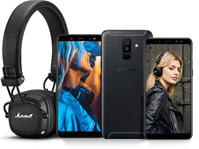 Zdjęcie telefonów Samsung Galaxy A8, A6, oraz A6+. Obok słuchawki Marshall Major III.