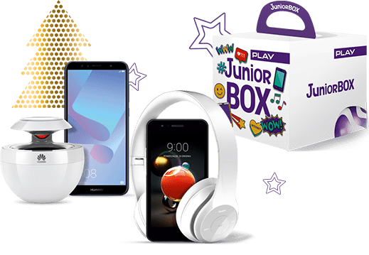 Zdjęcie opakowania zestawu Junior BOX oraz urządzeń: smartfonu HUAWEI Y6 2018, smartfonu LG K9 Dual, bezprzewodowych słuchawek Freestyle FH0915 oraz bezprzewodowego głośnika HUAWEI AM08