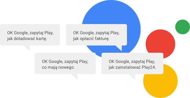 Grafika przedstawiająca przykładowe zapytania skierowane do Asystenta Google. Teksty w dymkach:
- Ok Google, zapytaj Play jak doładować kartę.
- Ok Google, zapytaj Play jak opłacić fakturę za telefon w Play.
- Ok Google, zapytaj Play gdzie jest najbliższy salon Play.
- Ok Google, zapytaj Play jak zainstalować Play24.