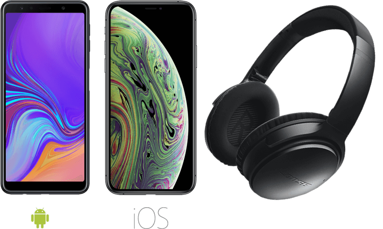 Grafika przedstawiająca trzy typy urządzeń: smartfon z systemem Android, smartfon z systemem iOS, słuchawki marki BOSE