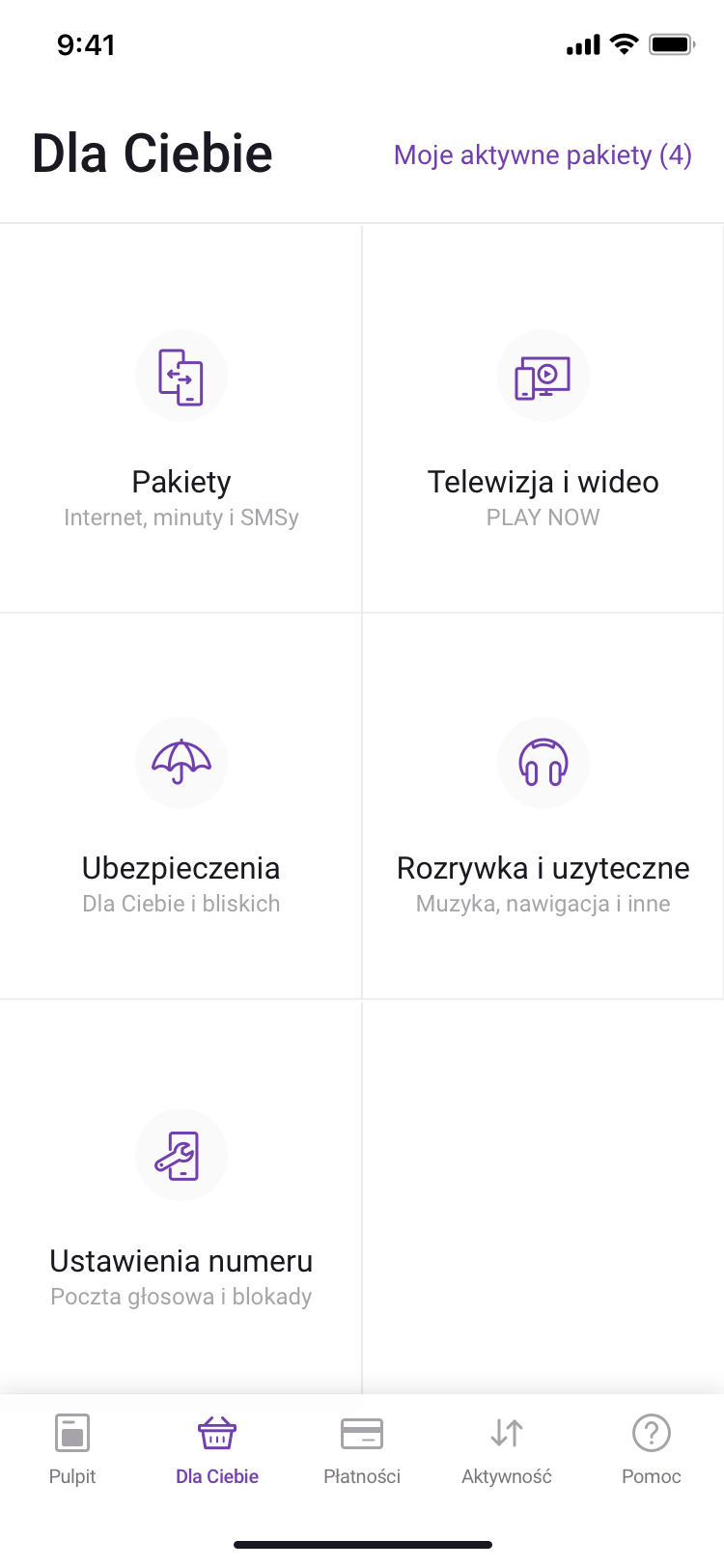 Ekran usług i pakietów aplikacji Play24