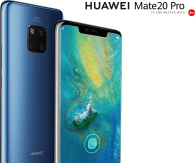 Zdjęcie telefonu HUAWEI Mate20 Pro z przodu i z tyłu. Nad telefonami widoczne jest logo firm HUAWEI i Leica, nazwa modelu (Mate20 Pro) oraz dopisek 'CO-ENGINEERED WITH LEICA'